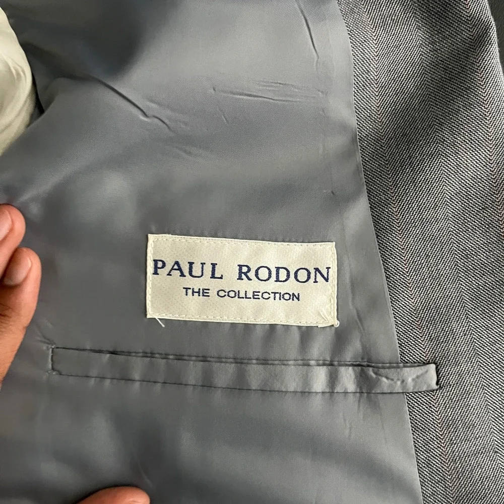 Paul Rodon Suit Mens 44R W36 Gray Herringbone Pinstripe Double Breasted Vintage